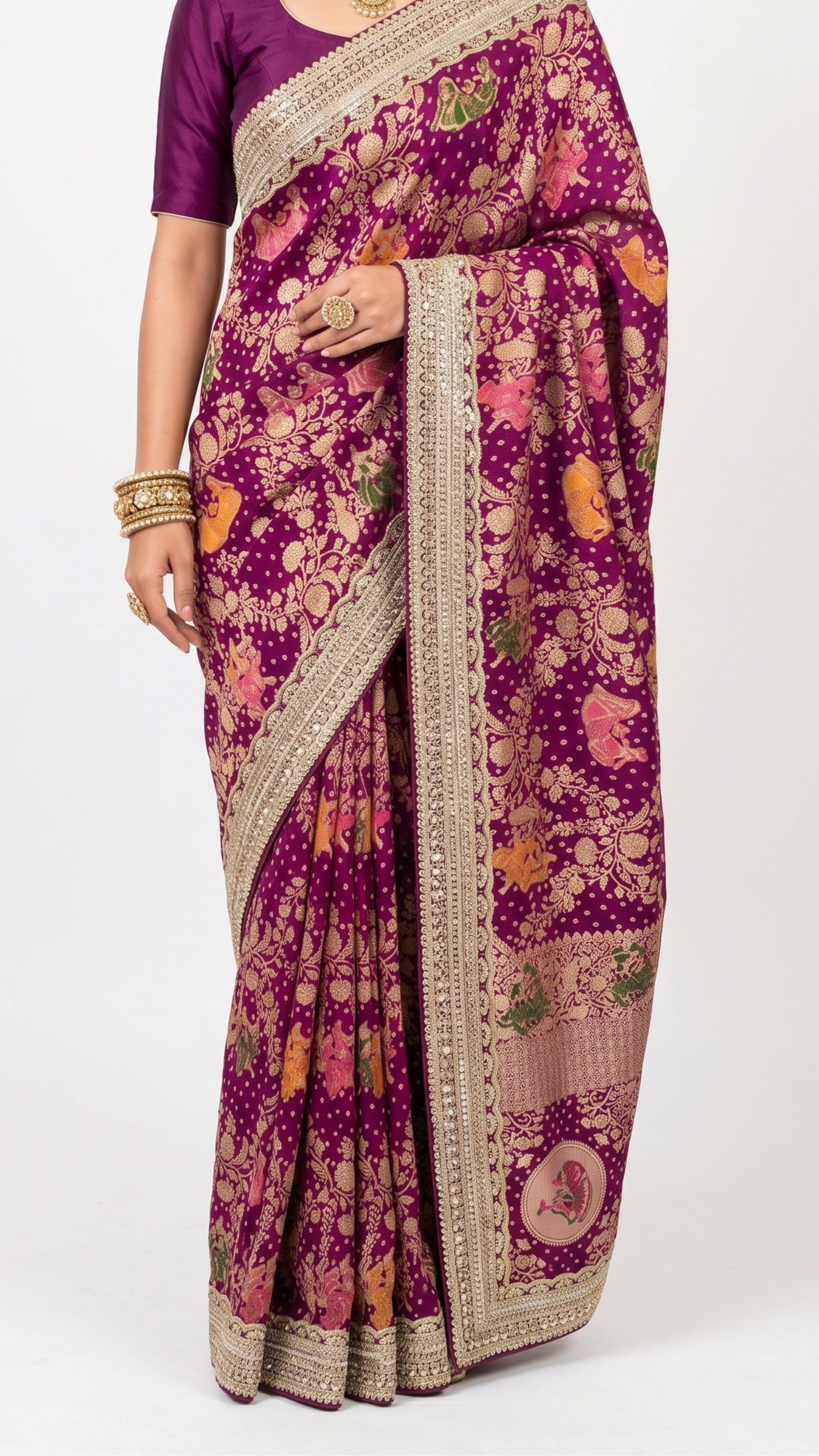 Red Georgette Unstitched Saree with Zari, Cutdana & Sequins Work and Heavy Lace Border